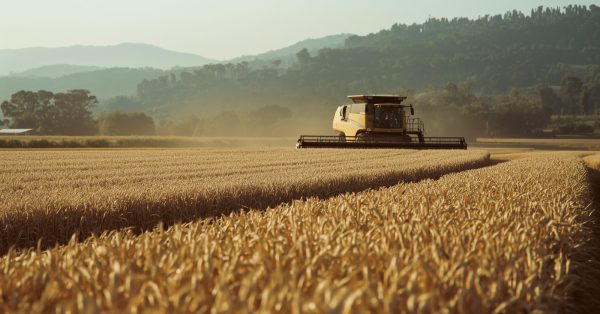 Overview of harvesting machine in field