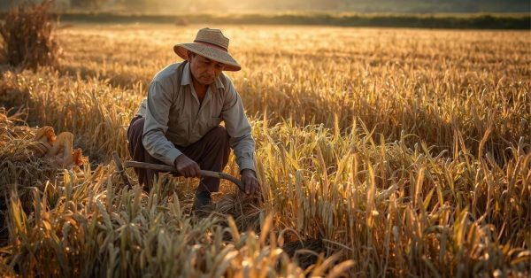 Man harvesting with tool