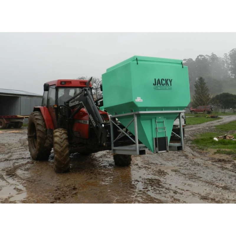 1730 Ltr Side Discharge Bin being moved by a tractor